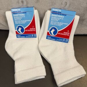 2 Pair Mens Diabetic Comfort Socks White Quarter Non-Binding Extra Wide Top 6-12